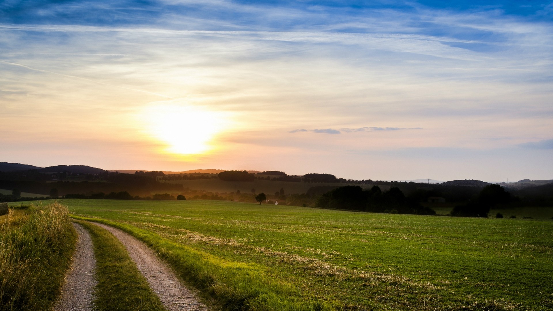 Dirt road through a green field at sunset HD Wallpaper