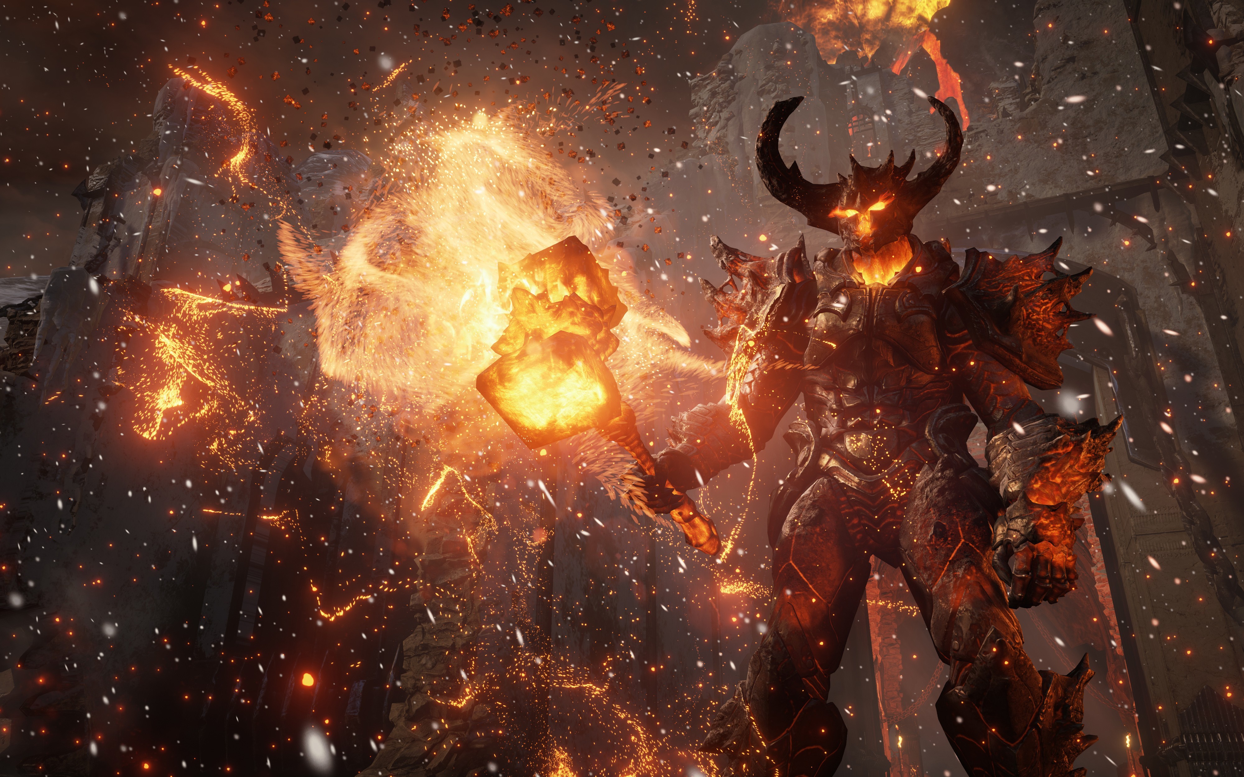 Demon with fiery hammer and armor HD Wallpaper