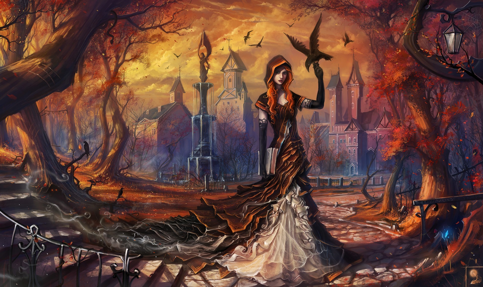 Woman with a crow in a fantasy village HD Wallpaper