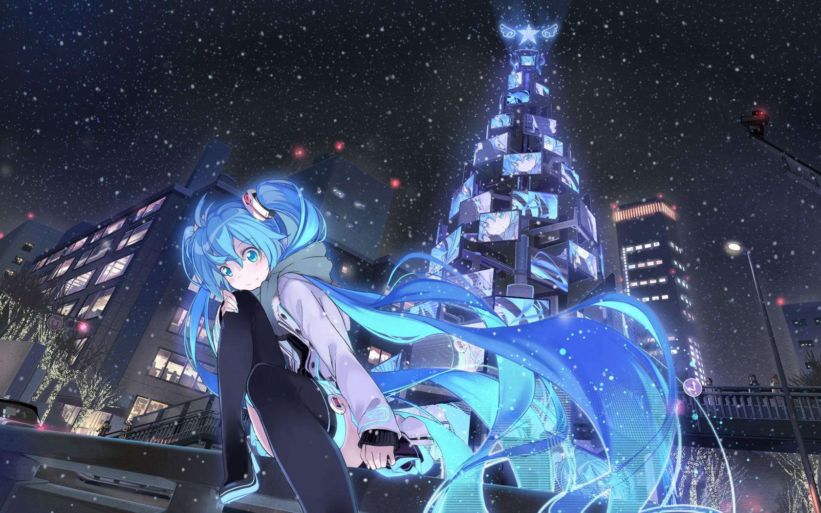 Hatsune Miku in a snowy city at night HD Wallpaper