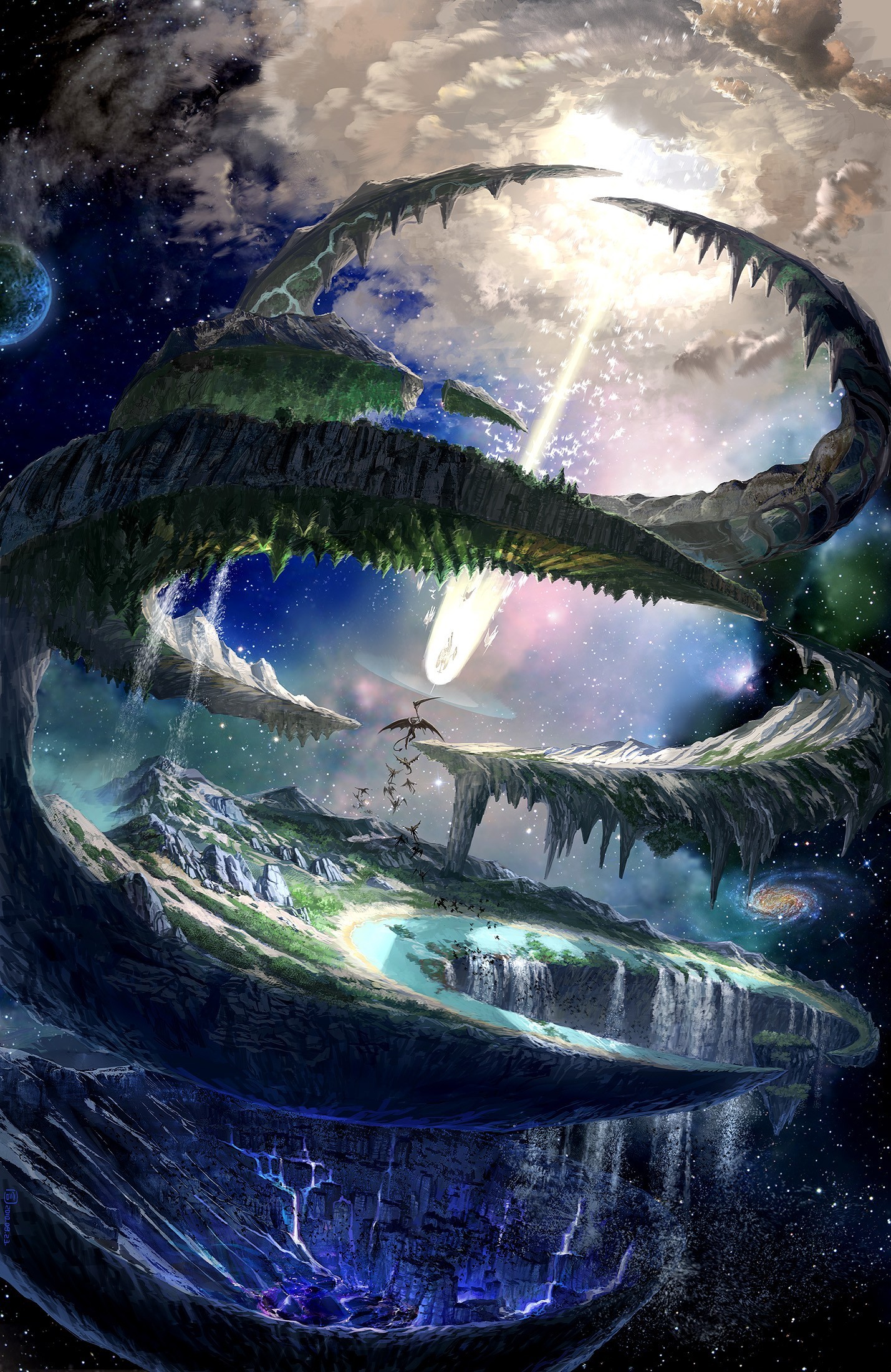Fantasy floating islands with dragons in space HD Wallpaper