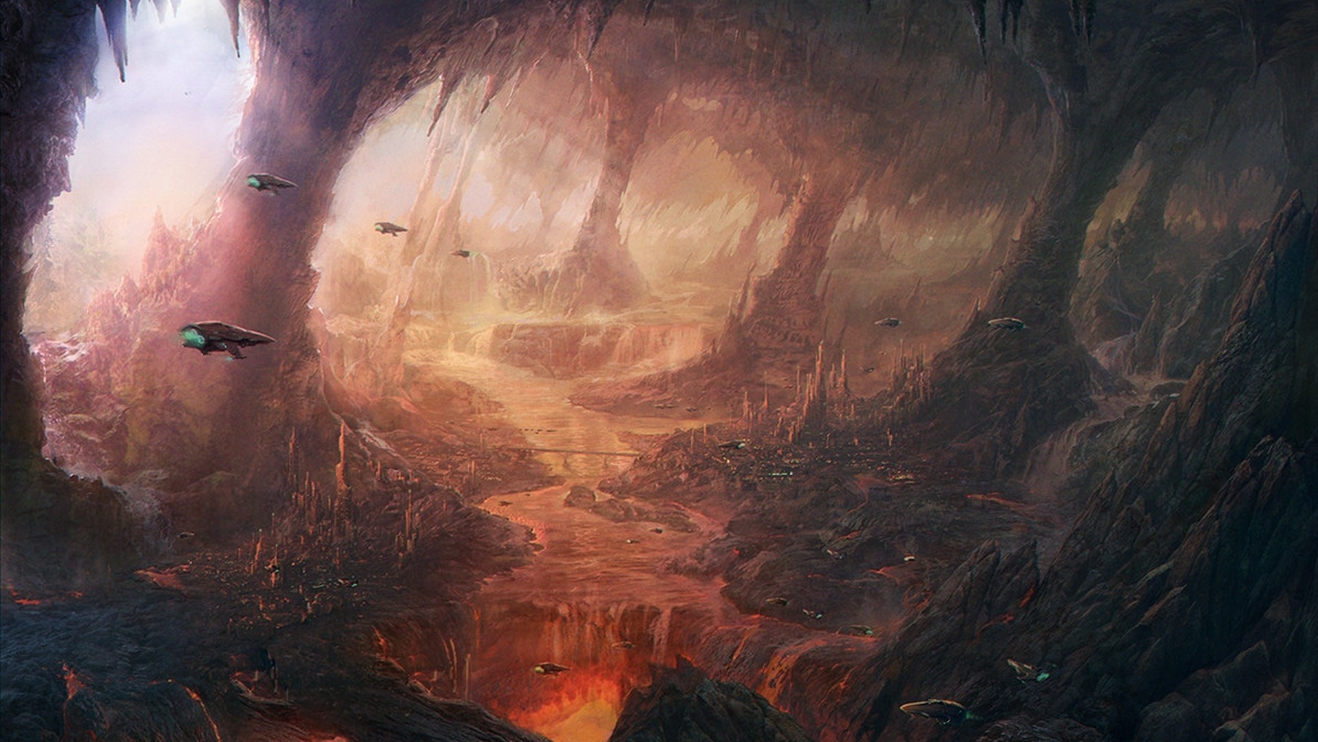 Science fiction artwork of a subterranean alien city with flying vehicles HD Wallpaper