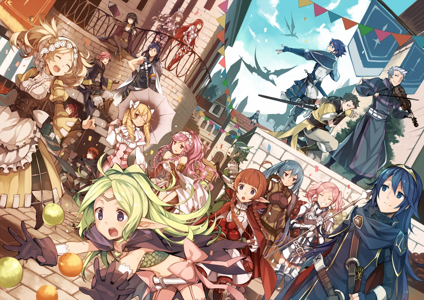 Fire Emblem characters in a festive town setting HD Wallpaper