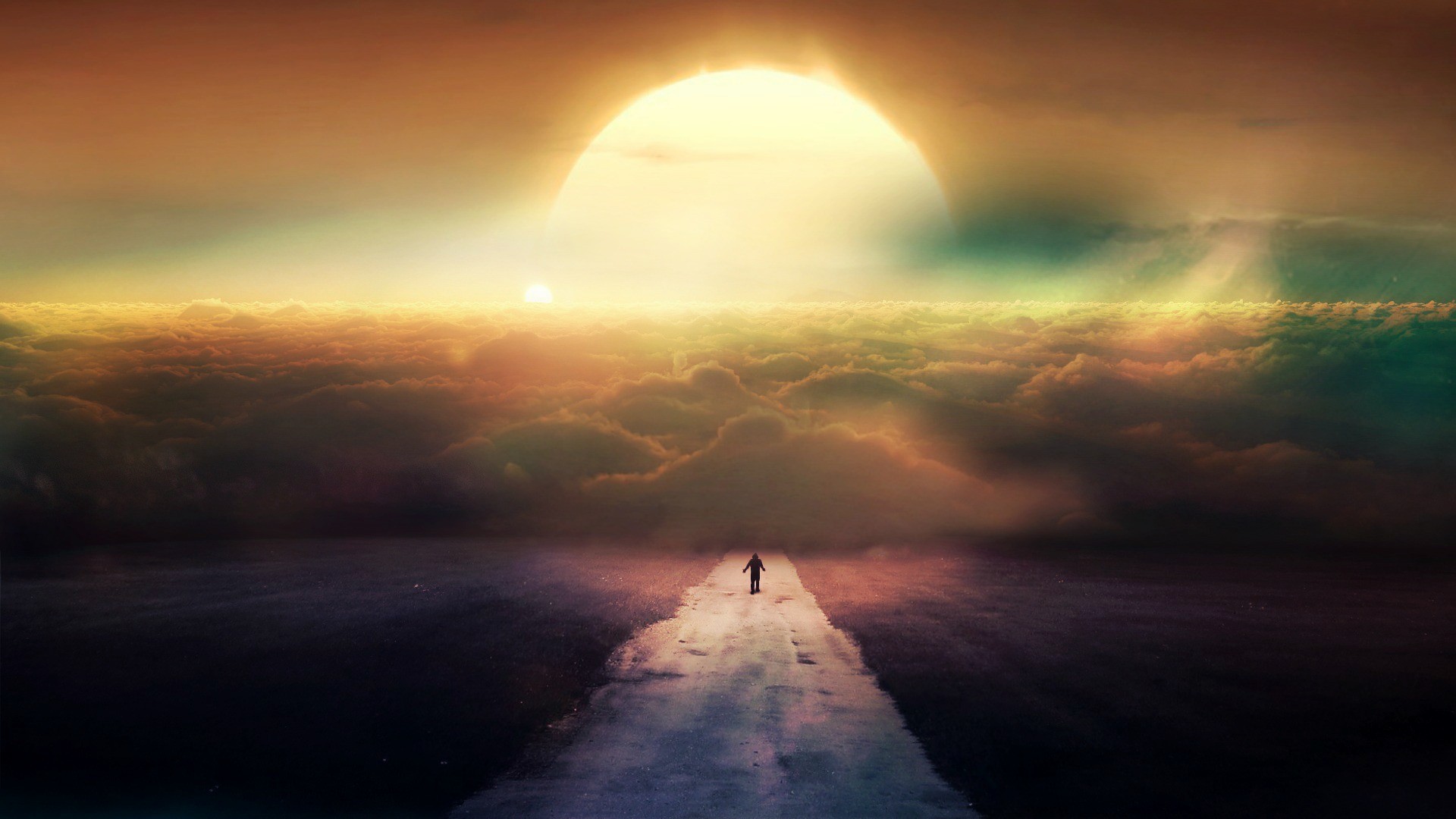 A lone figure walks on a path towards a giant sun above clouds HD Wallpaper
