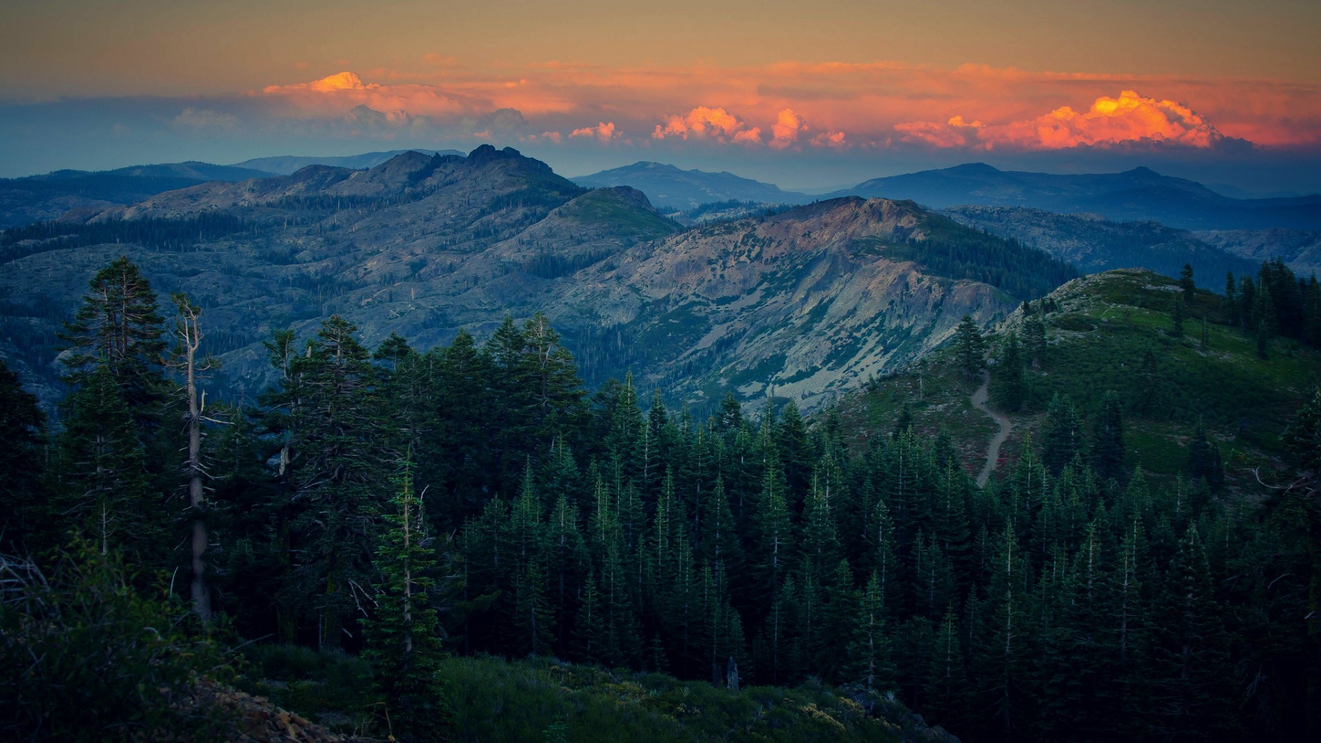 Mountain range with forest and sunset clouds HD Wallpaper