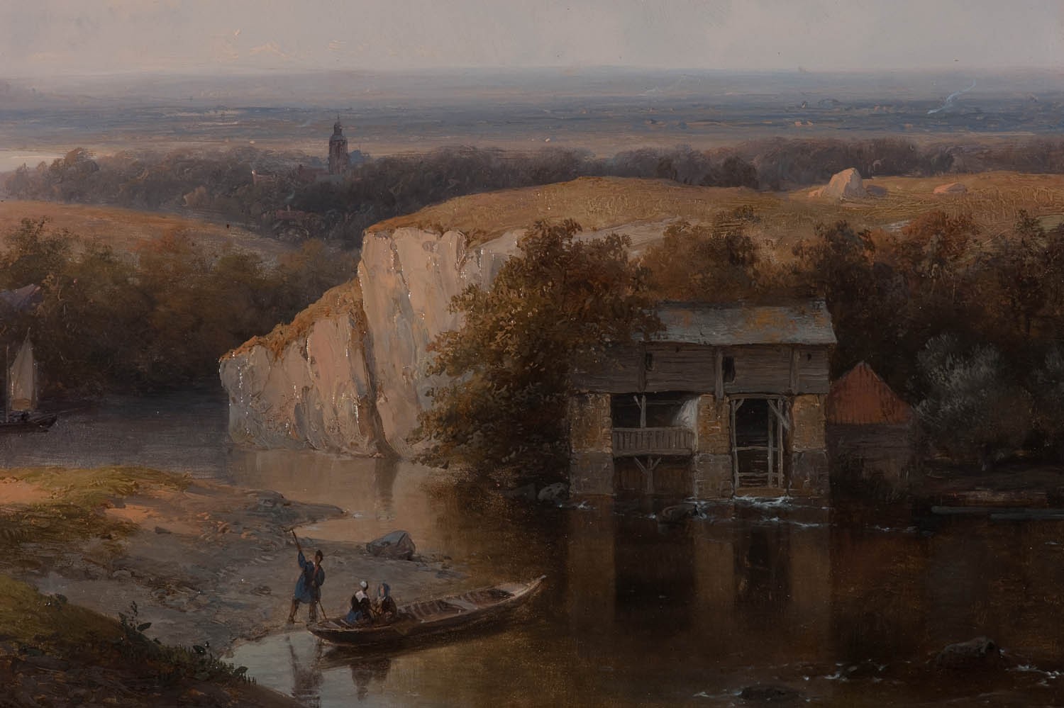 Oil painting of a river scene with a mill and boat HD Wallpaper