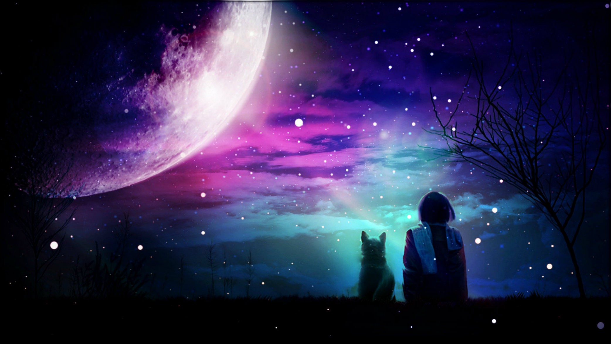 Fantasy art of a girl and dog under a large planet HD Wallpaper
