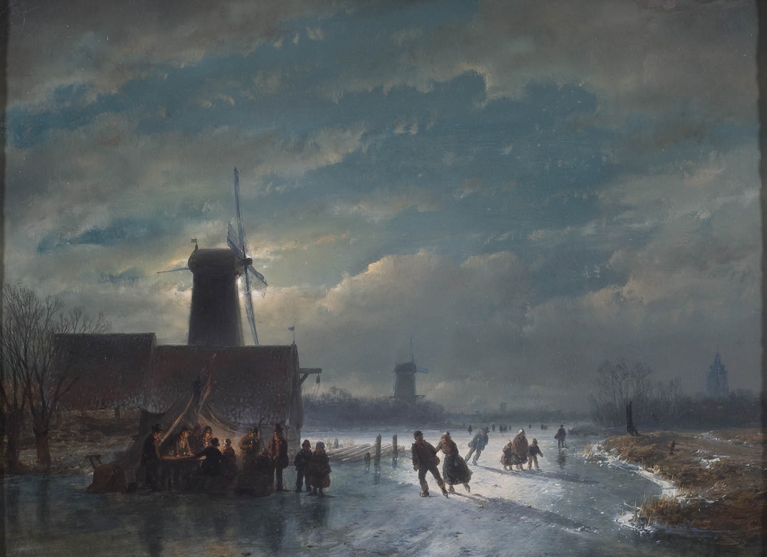 Winter scene with skaters and windmills HD Wallpaper