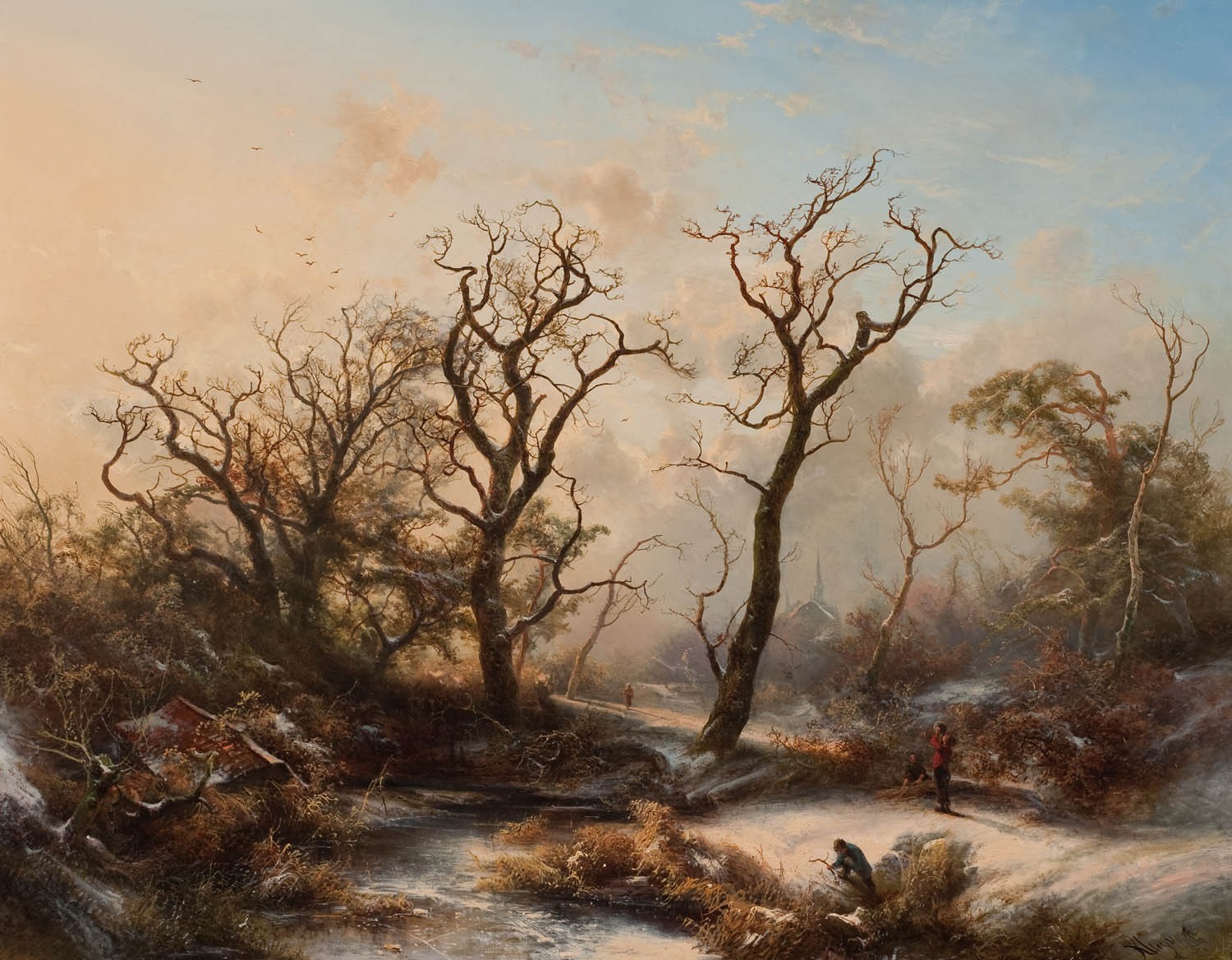 Winter landscape painting with trees and a river HD Wallpaper