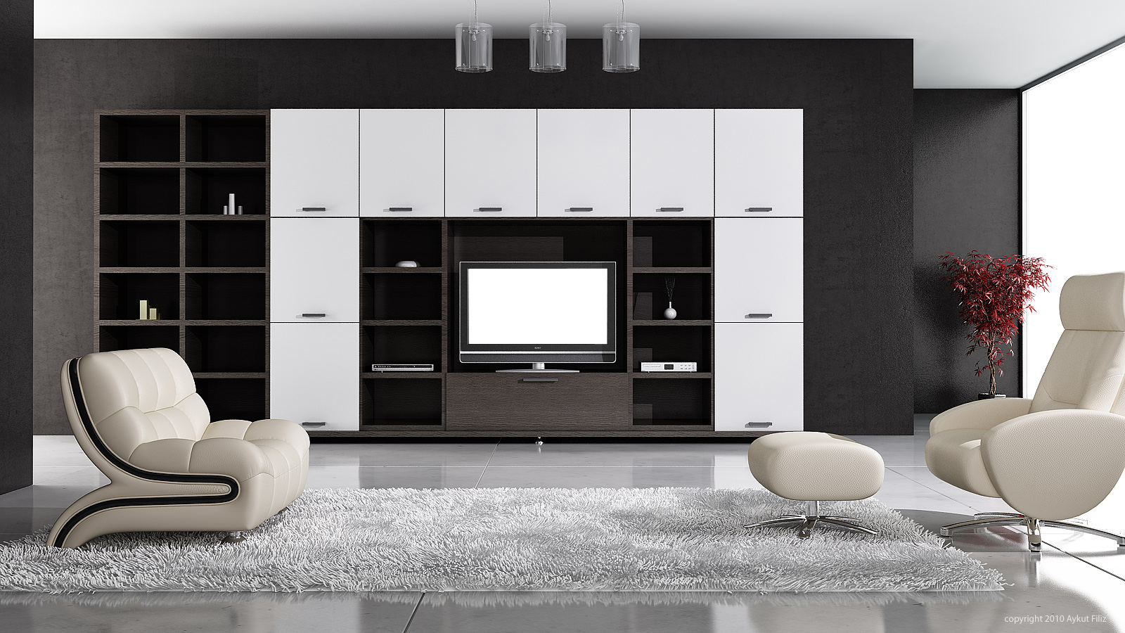 Modern living room with entertainment center and seating HD Wallpaper