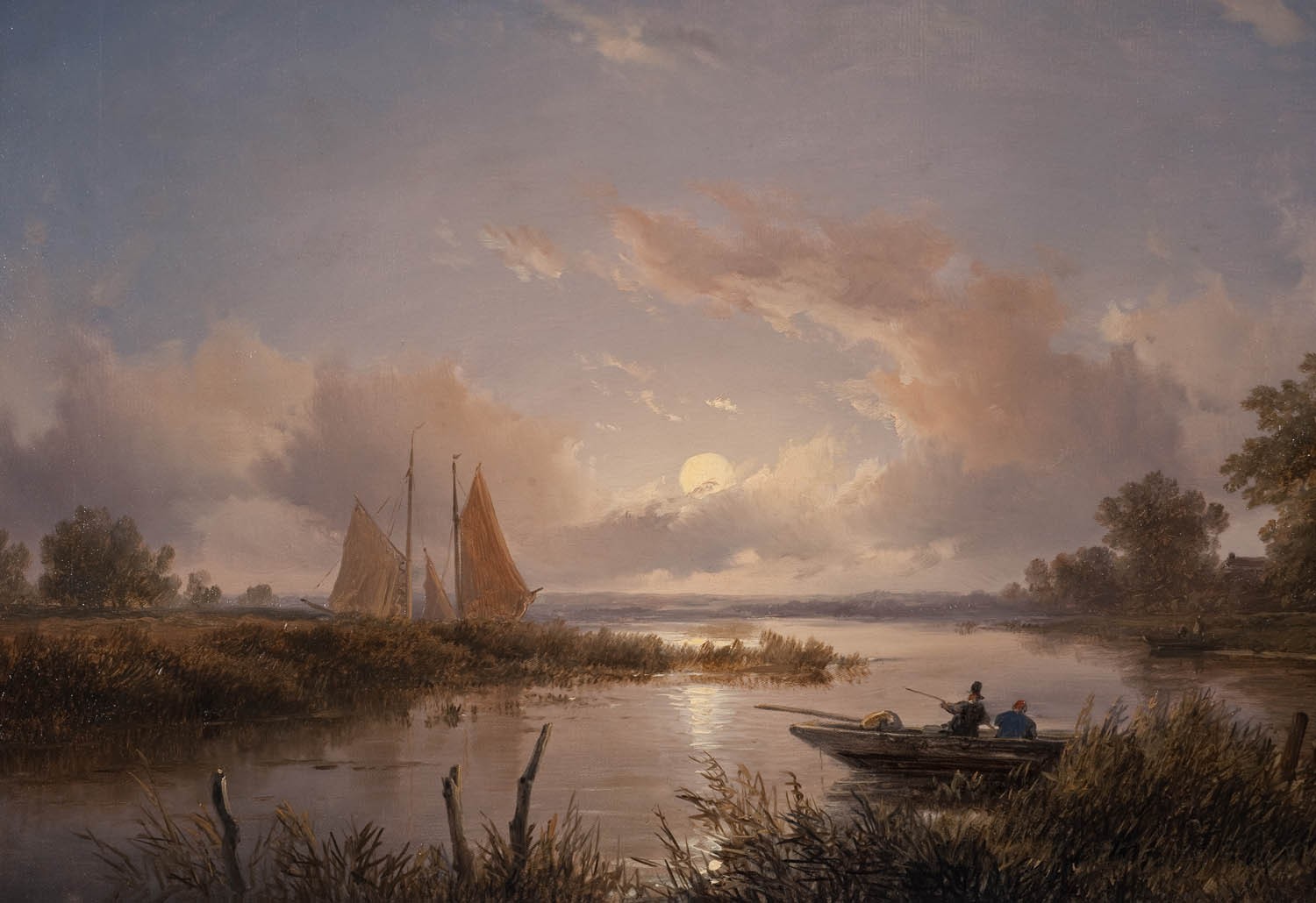classic art, landscape, boat, painting, clouds HD Wallpaper
