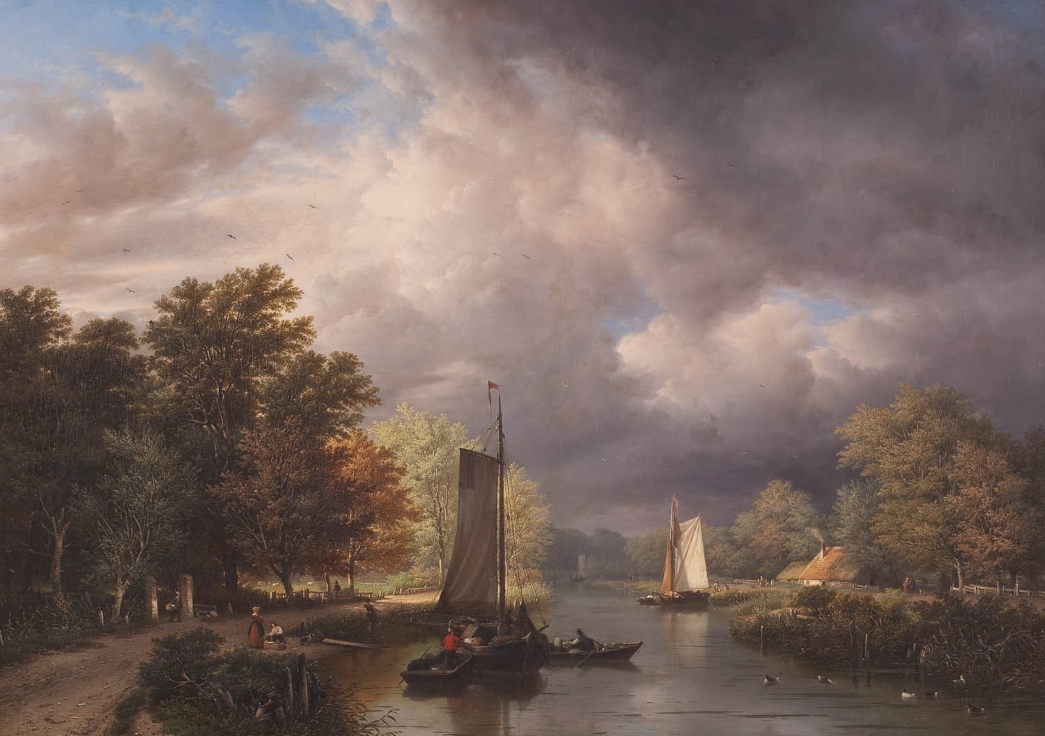 Painting of boats on a river under dramatic clouds HD Wallpaper