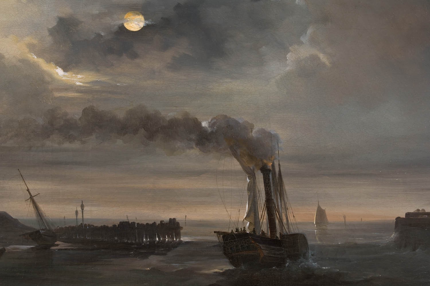 Moonlit Sea with Steamboat and Sailing Ship HD Wallpaper
