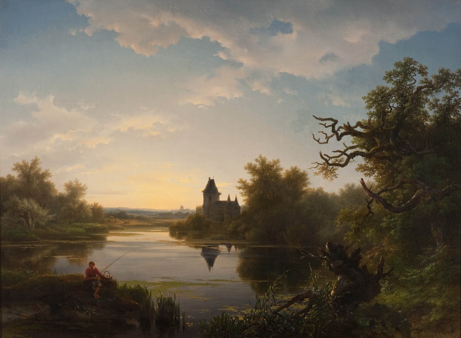Man fishing by a lake with a castle in the background HD Wallpaper