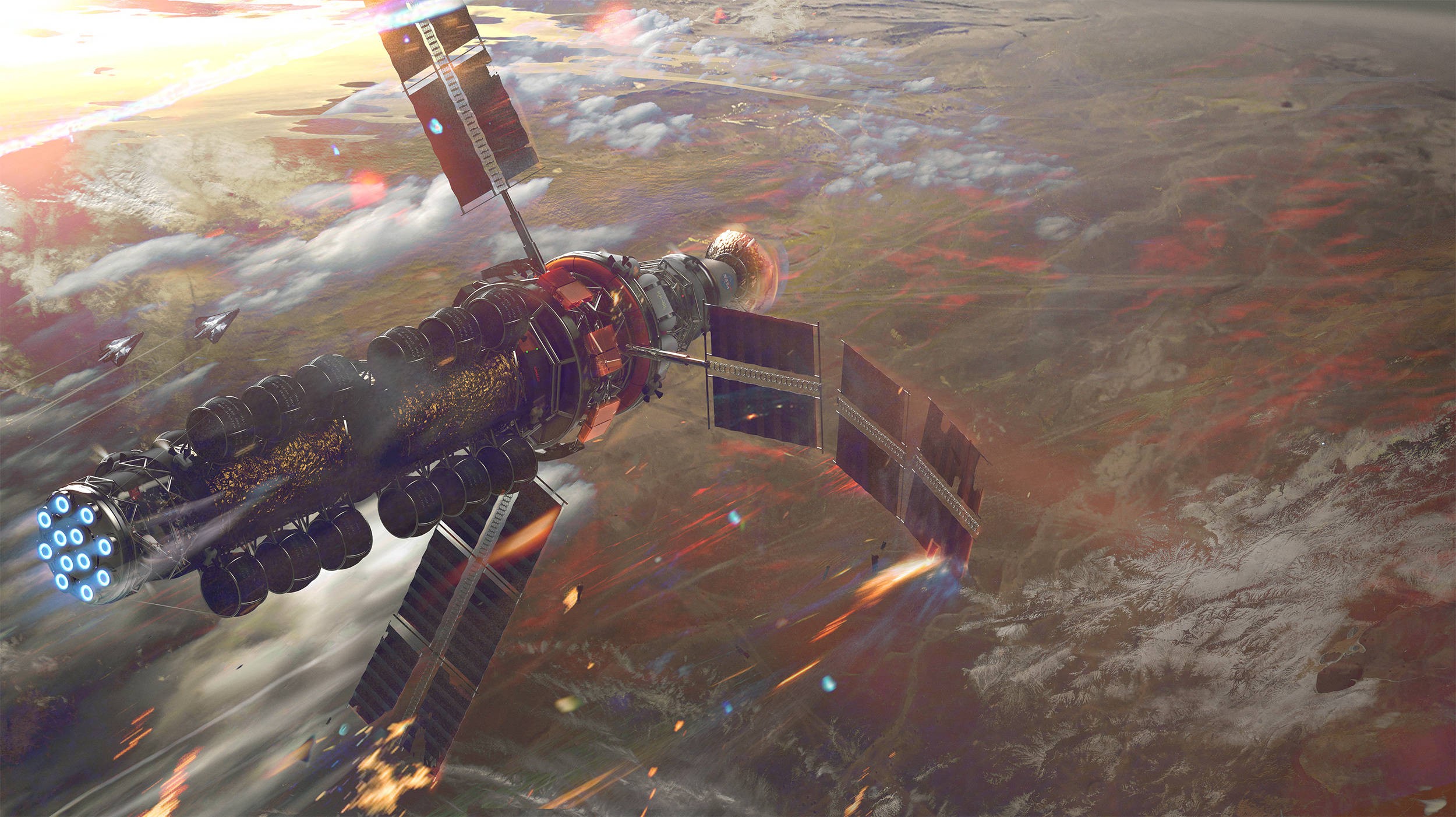 Space station and ships above a damaged planet HD Wallpaper