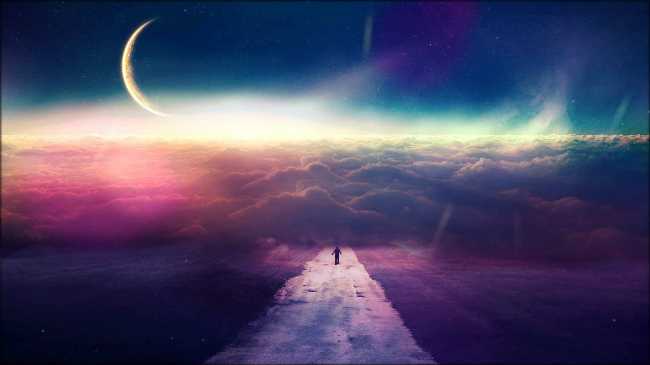 Fantasy art of a person walking on clouds under a crescent moon HD Wallpaper