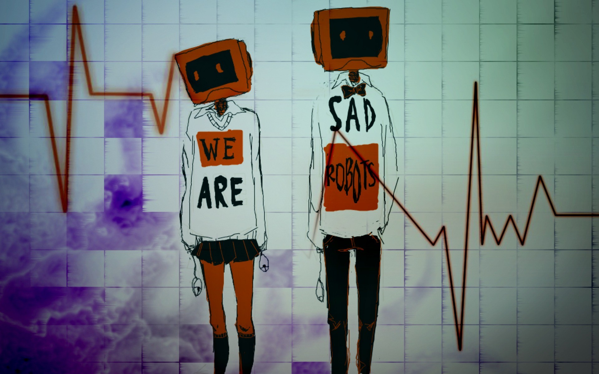 Two sad robots with TV heads and text on shirts HD Wallpaper