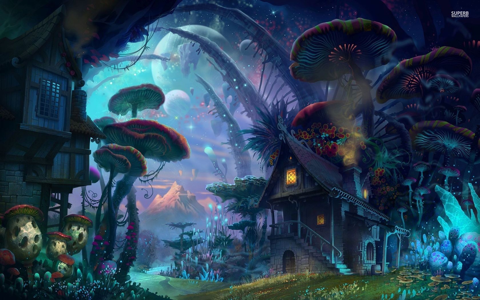 Fantasy art of a mushroom village with planets HD Wallpaper