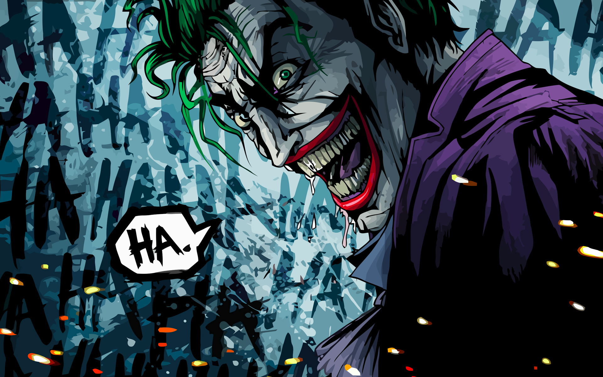 The Joker laughing with "HA." speech bubble HD Wallpaper