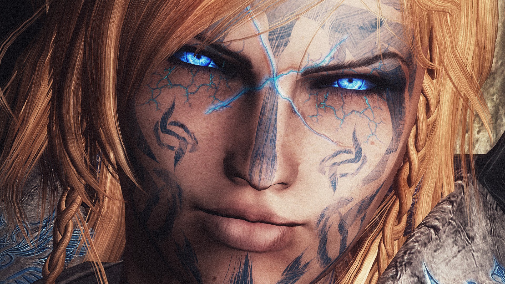 The Elder Scrolls V: Skyrim character with blue eyes and tattoos HD Wallpaper