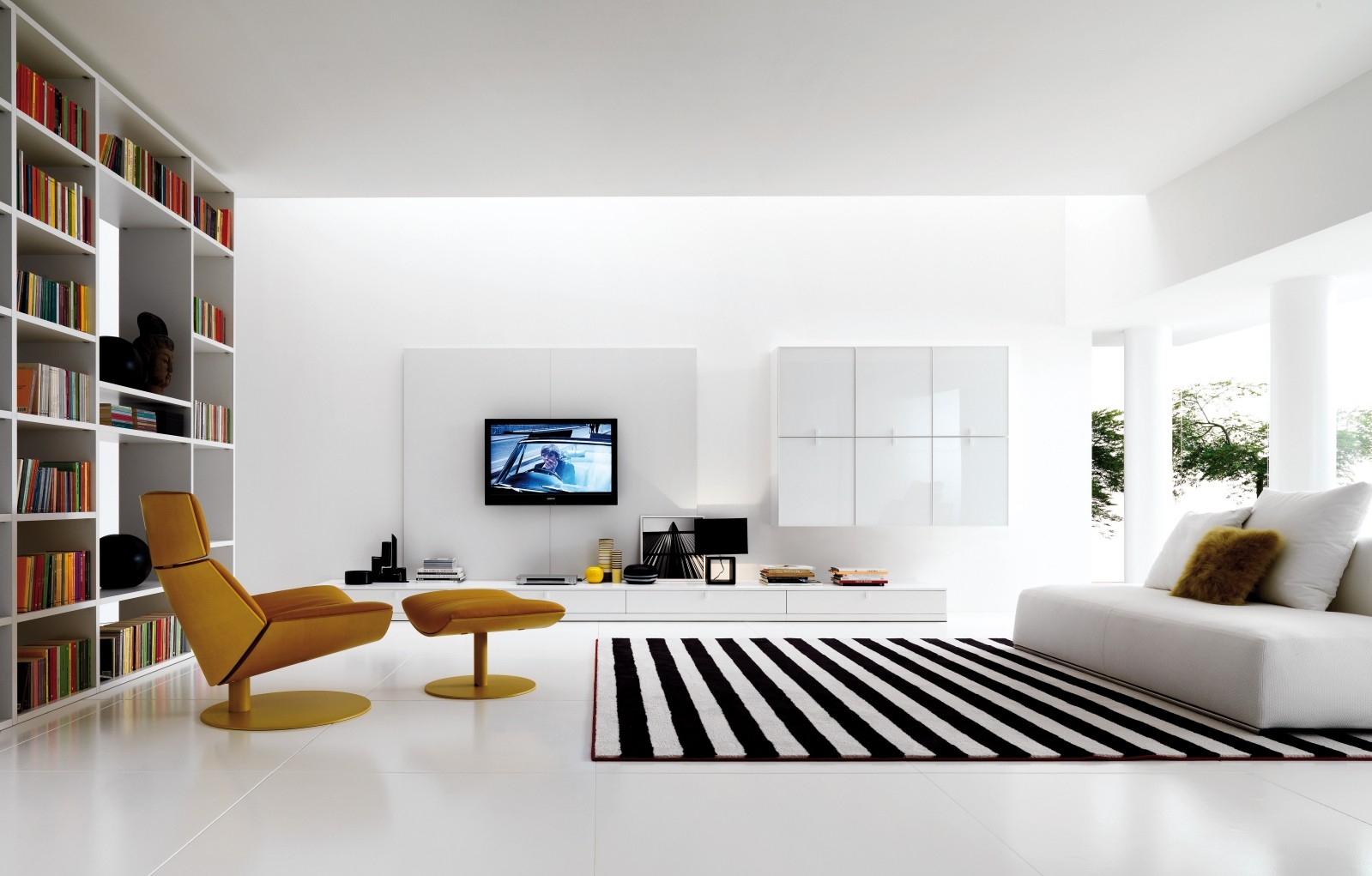 Modern living room with bookshelves and TV HD Wallpaper