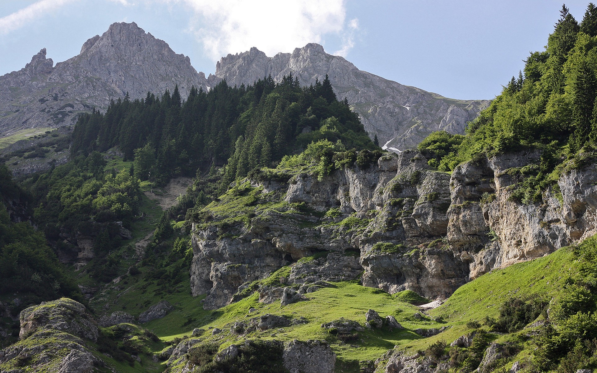 Mountain landscape with green slopes and rocky cliffs HD Wallpaper