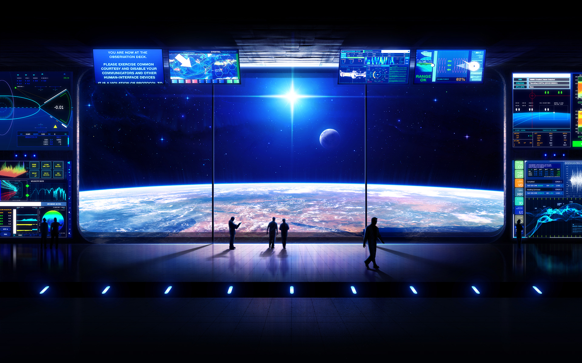 Futuristic space station observation deck overlooking Earth HD Wallpaper
