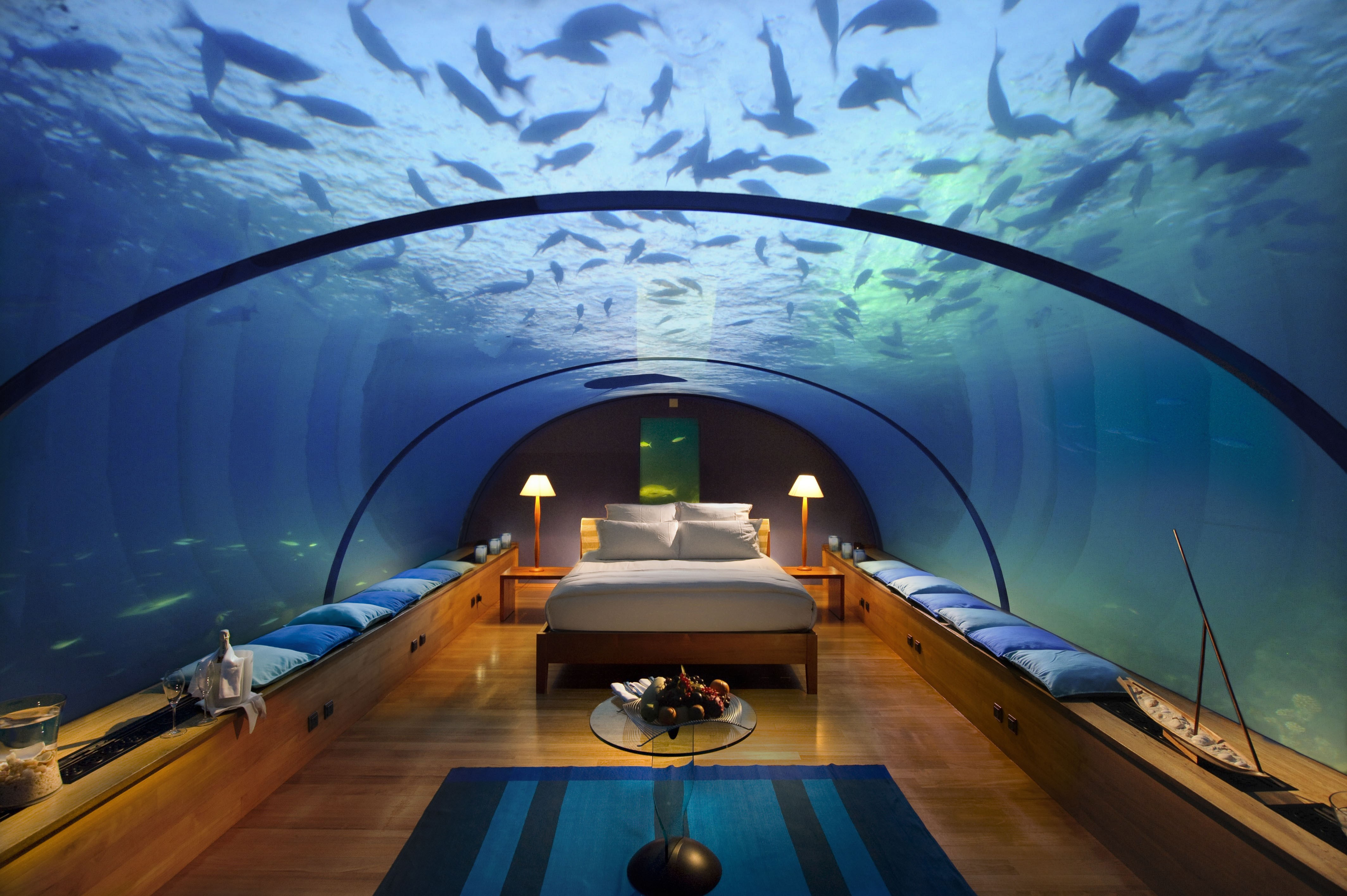 Underwater hotel bedroom with fish swimming above HD Wallpaper