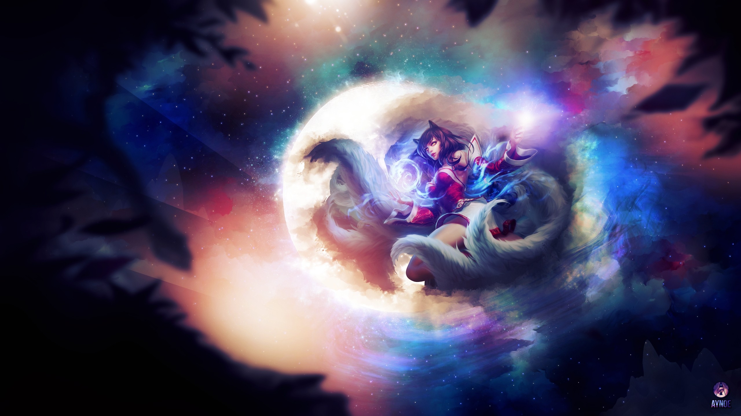 Ahri in a cosmic background with a large moon HD Wallpaper