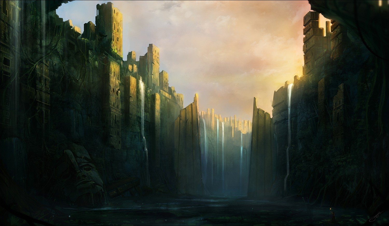 Fantasy art of ancient ruins with waterfalls HD Wallpaper