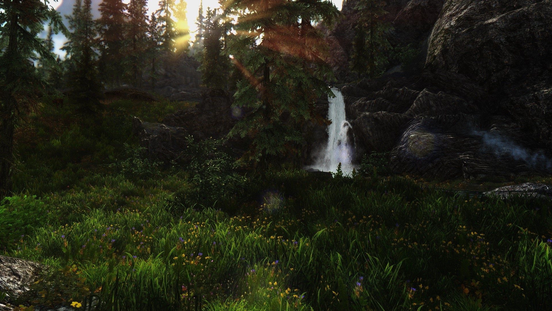 The Elder Scrolls V: Skyrim forest with waterfall HD Wallpaper