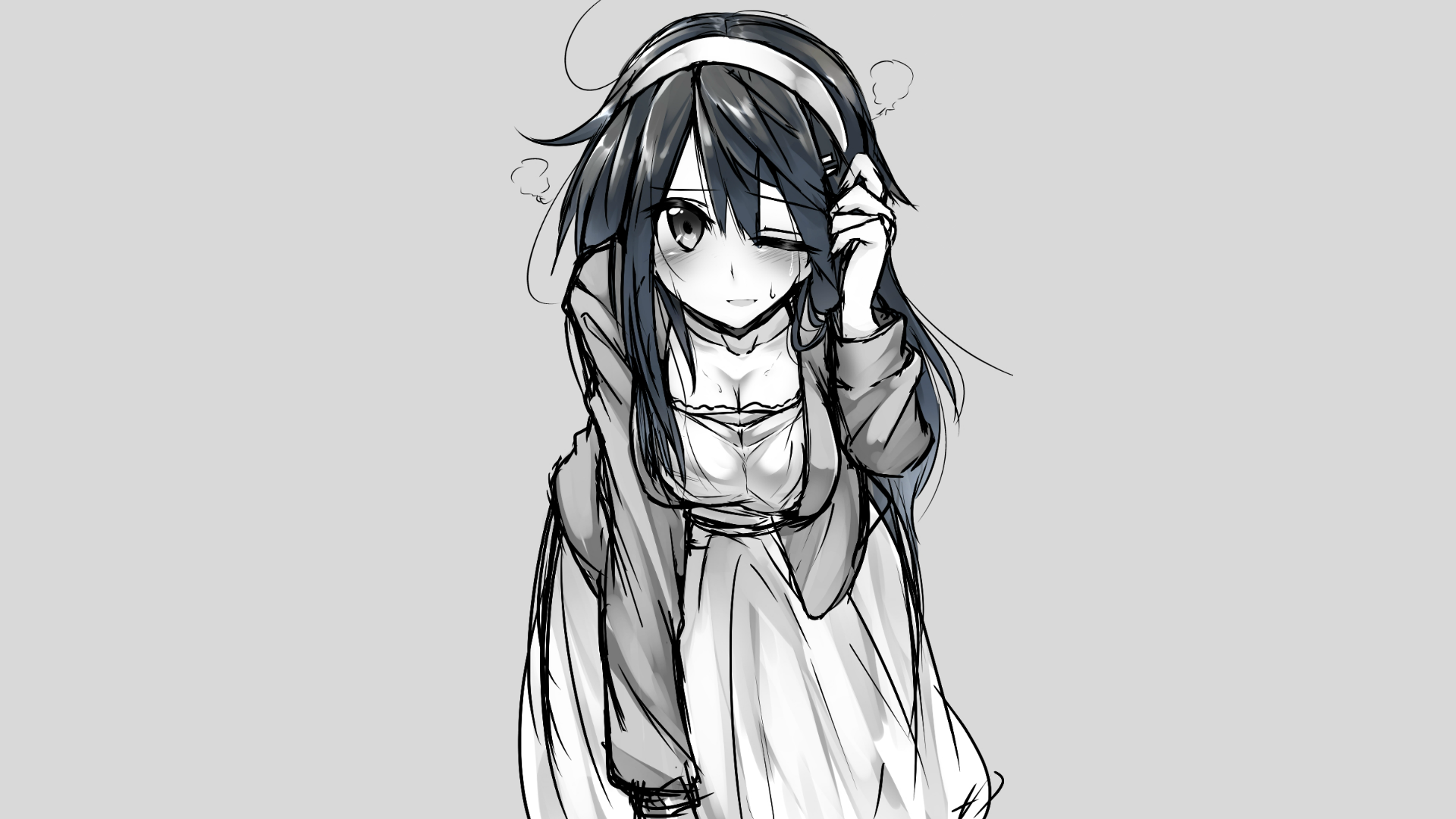 Anime girl with dark hair and headband, Kantai Collection HD Wallpaper