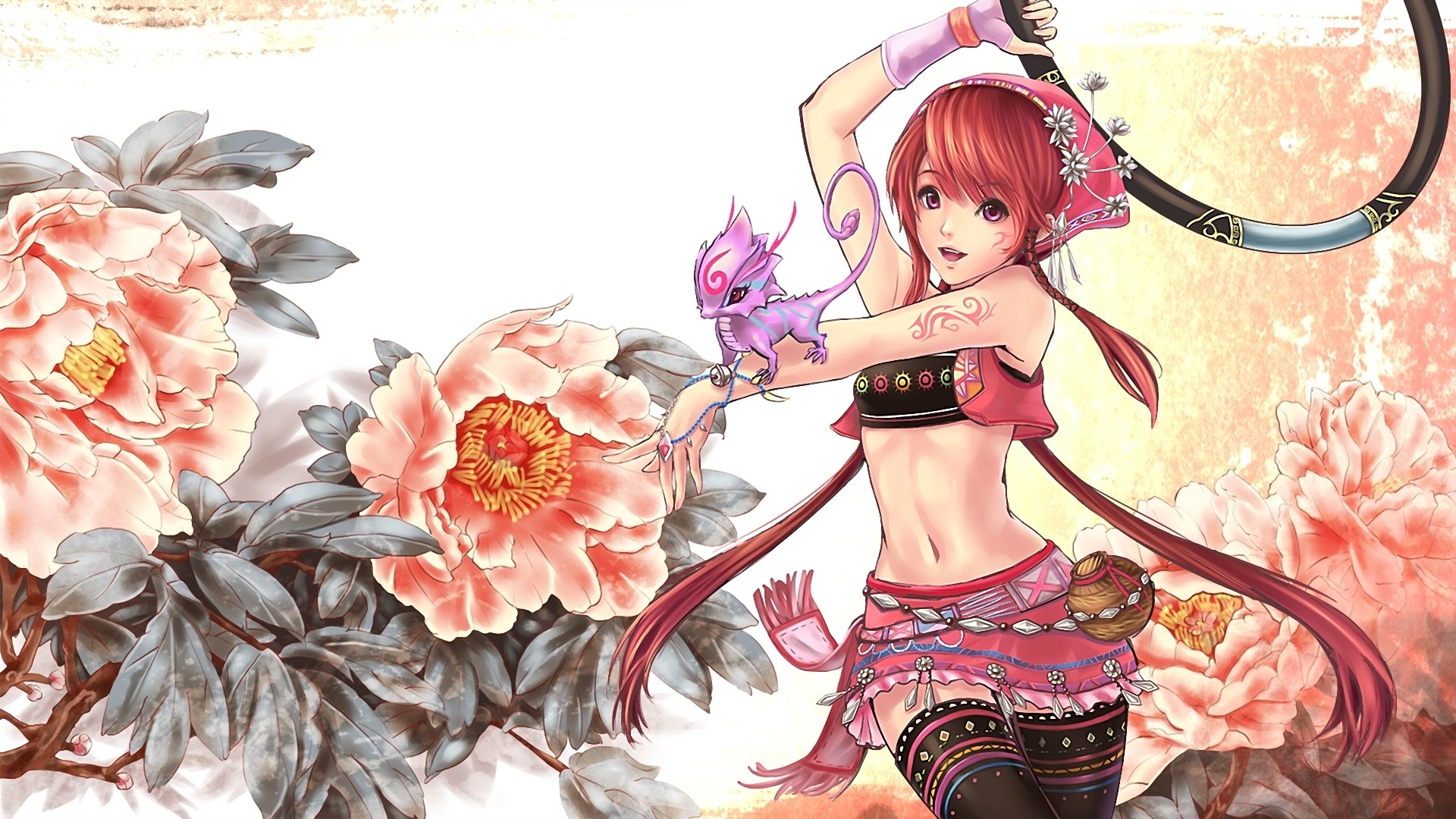 Anime girl with red hair and a dragon pet HD Wallpaper