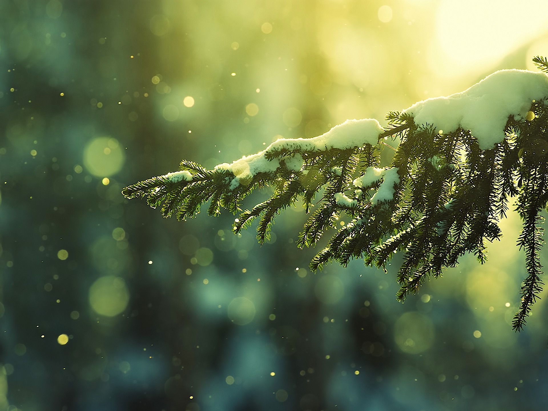 Snow-covered pine branch with bokeh lights HD Wallpaper
