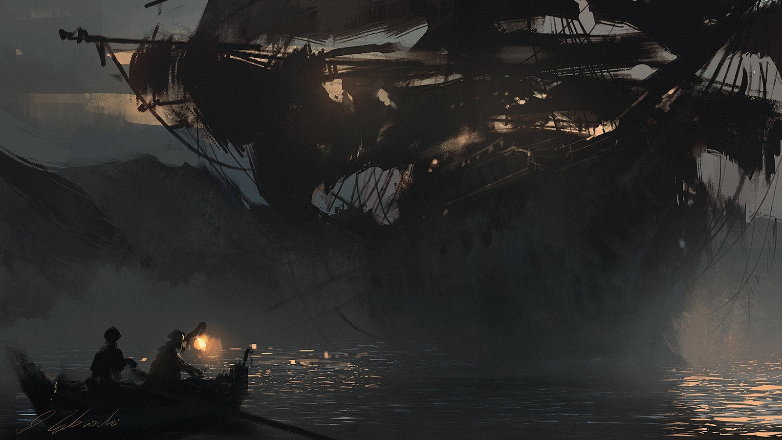 Ghostly sailing ship looms over a rowboat with lanterns HD Wallpaper