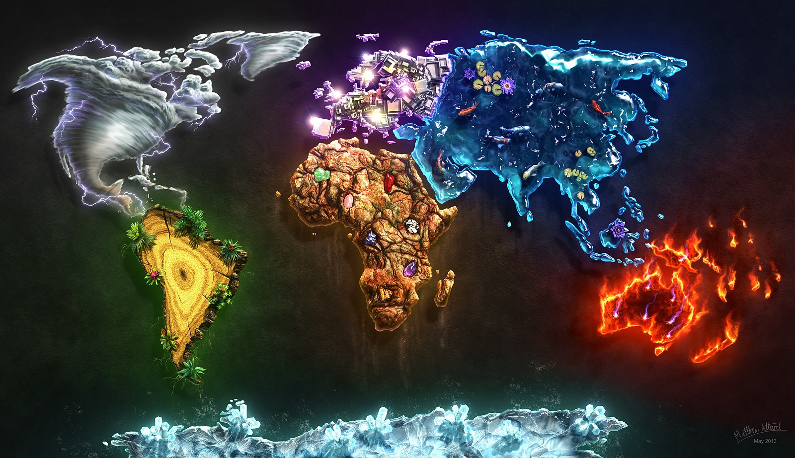 World map depicted as elements: air, earth, water, and fire HD Wallpaper