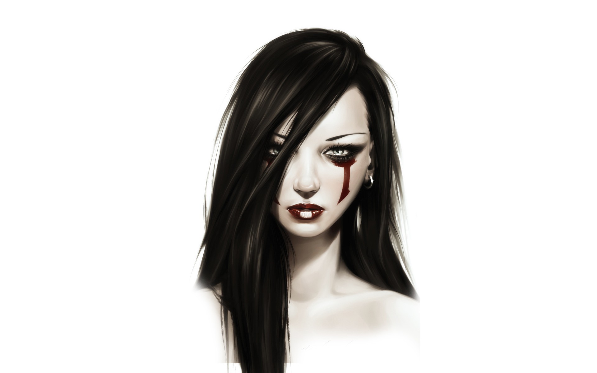 Artwork of a woman with black hair and red tears HD Wallpaper