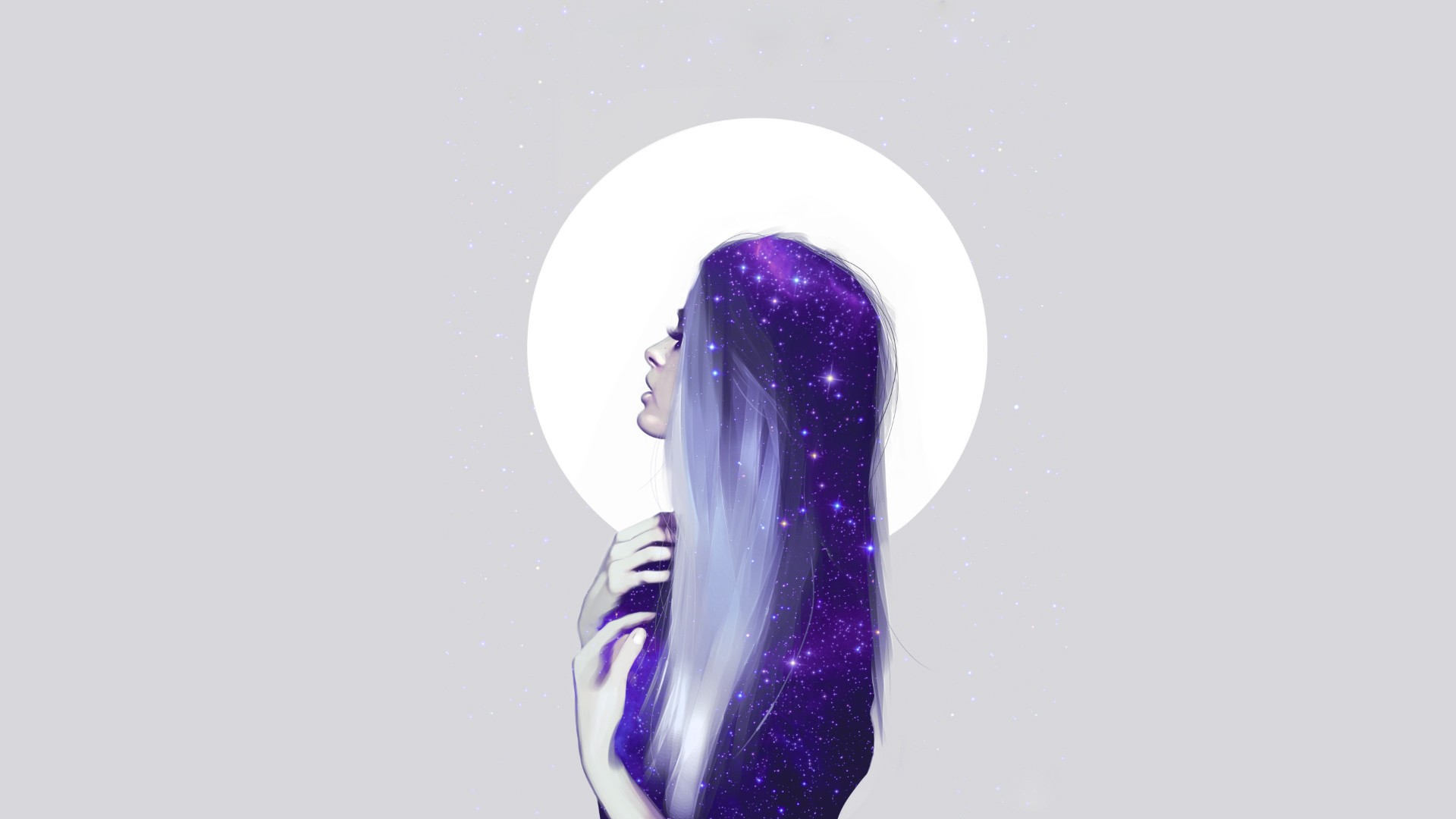 Artwork of a woman with galaxy hair HD Wallpaper