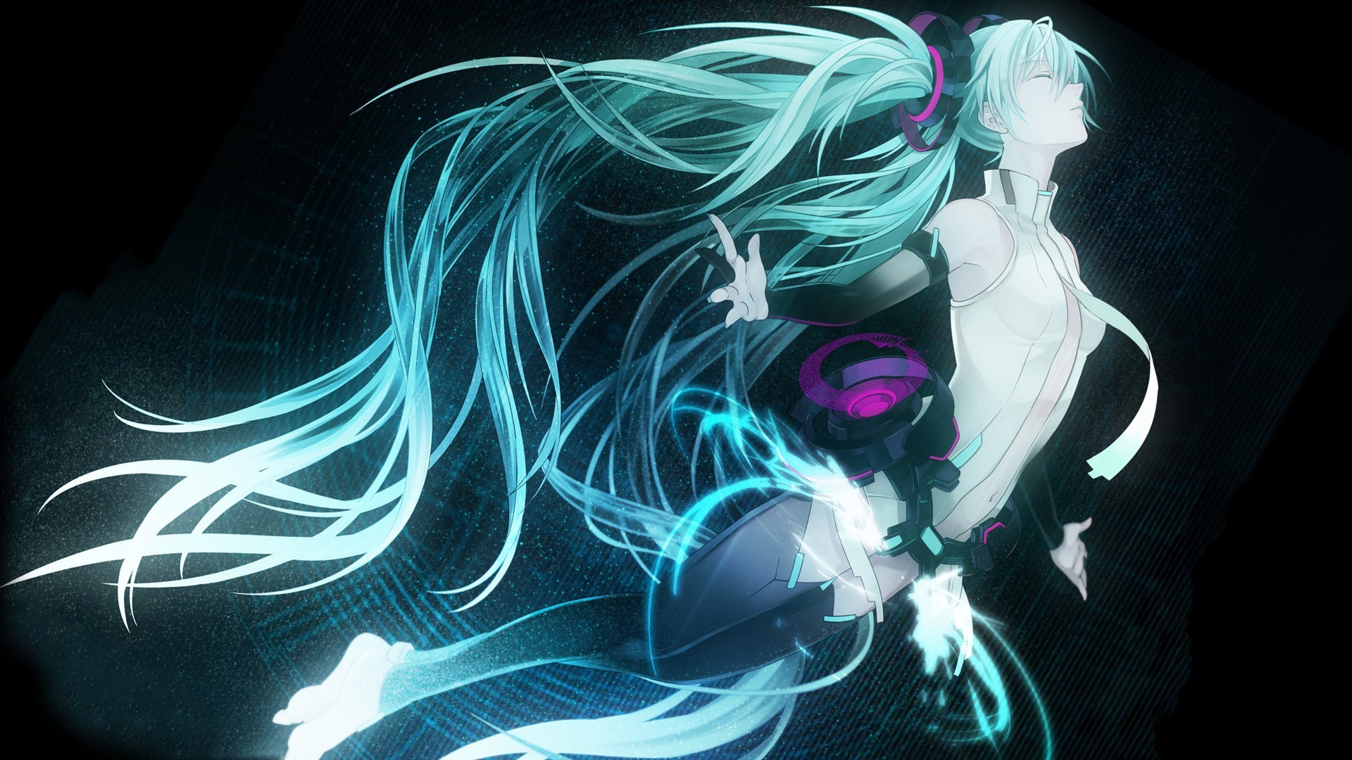 Hatsune Miku floating with glowing blue hair HD Wallpaper