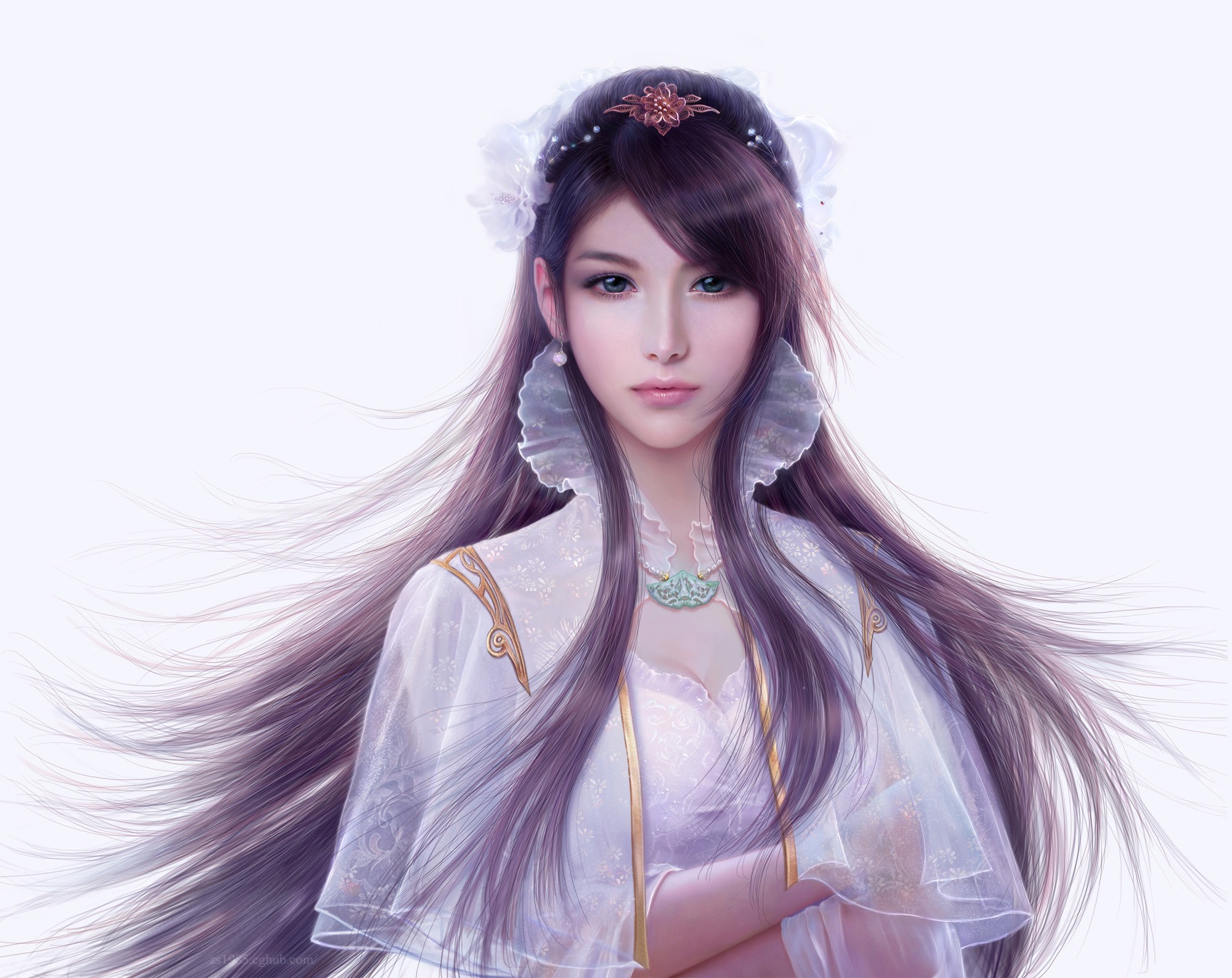 Artwork of a woman with long purple hair HD Wallpaper