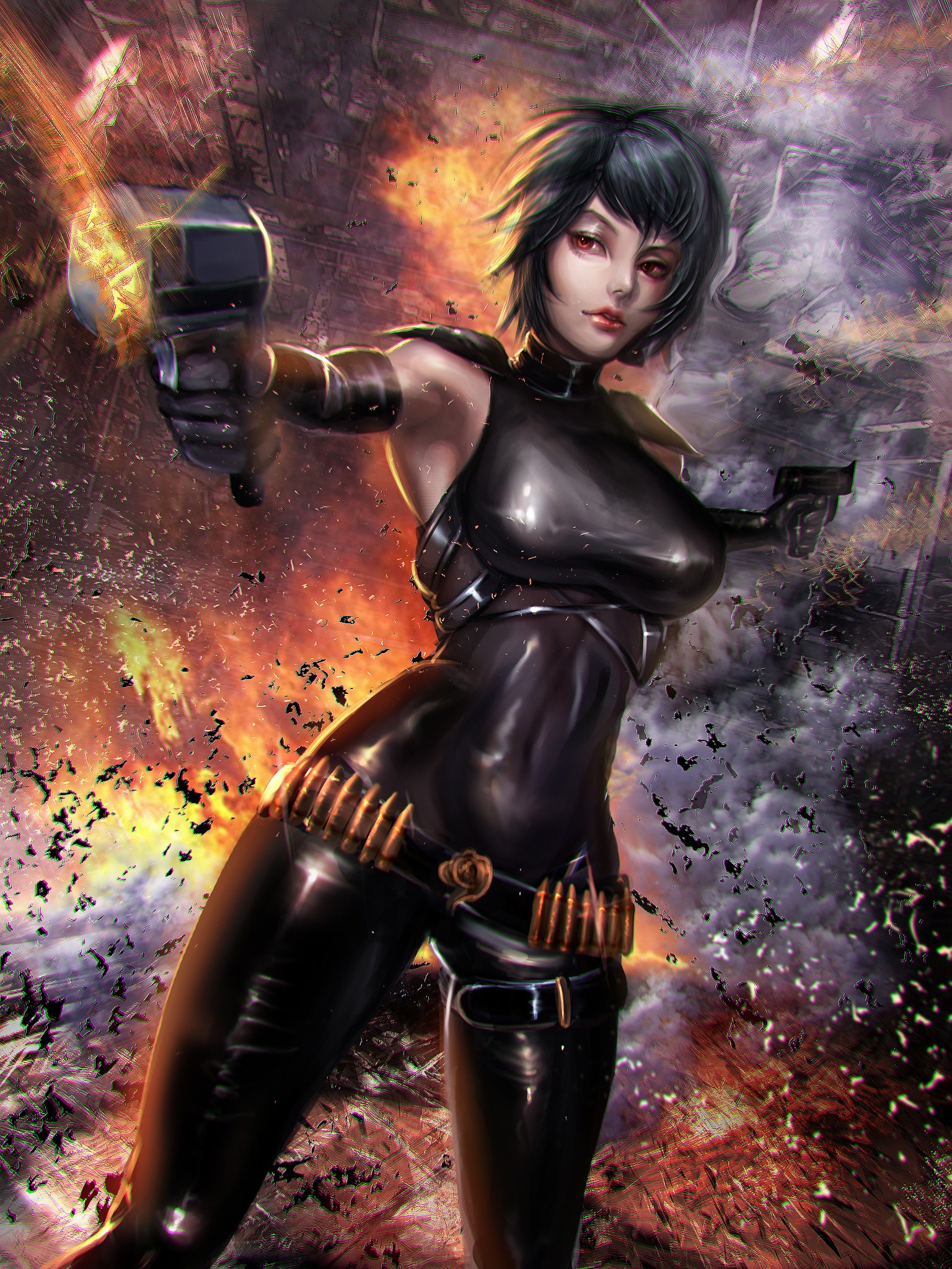 Anime woman with dark hair holding pistols in a battle HD Wallpaper