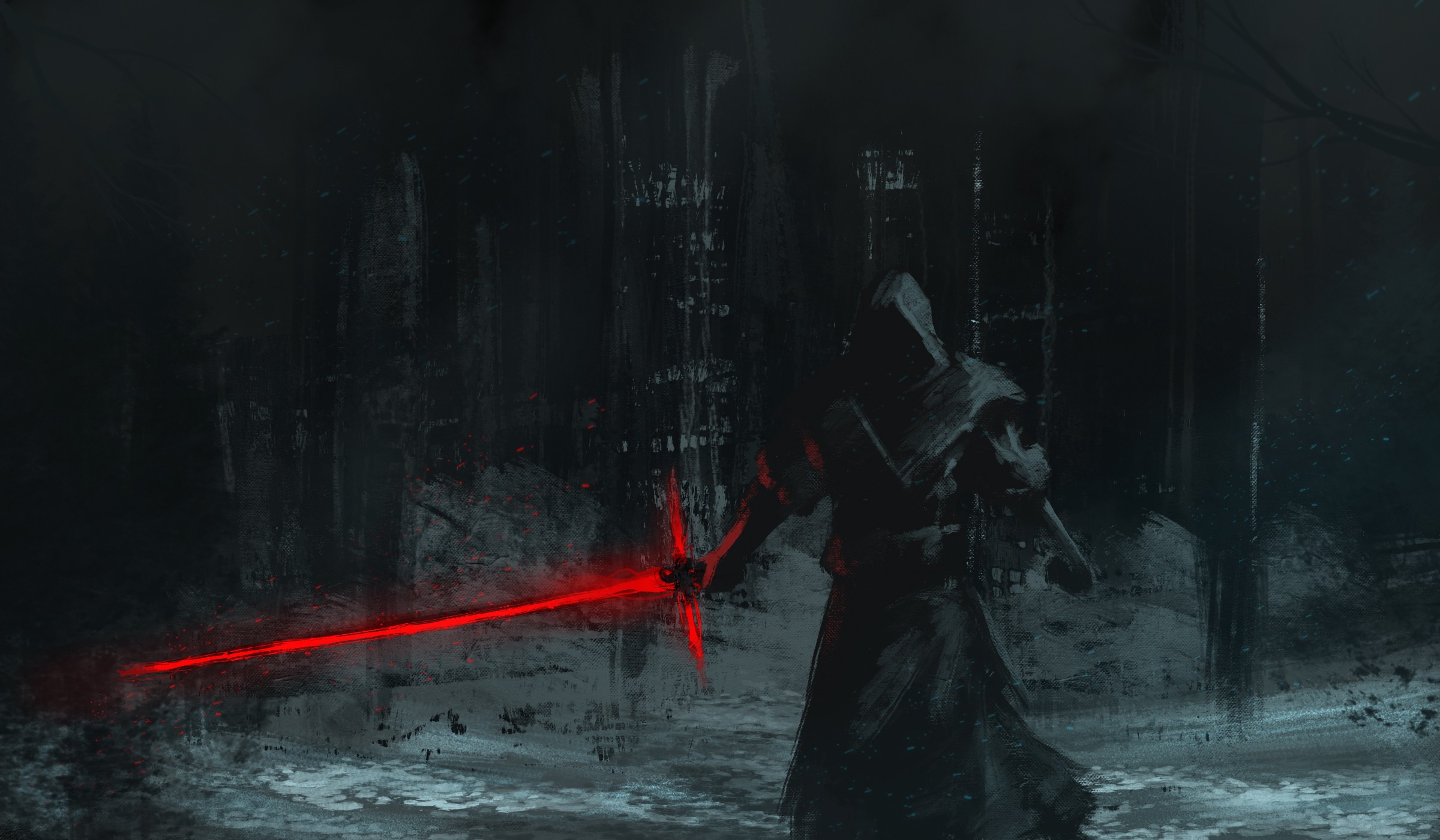 Kylo Ren with a red lightsaber in a dark forest HD Wallpaper
