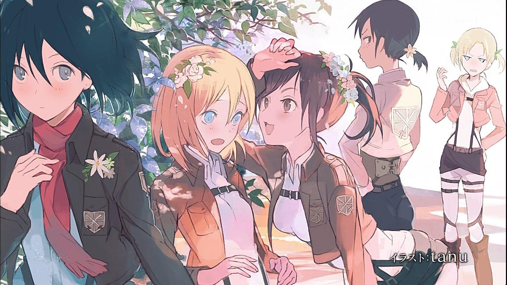 Attack on Titan characters with flowers HD Wallpaper
