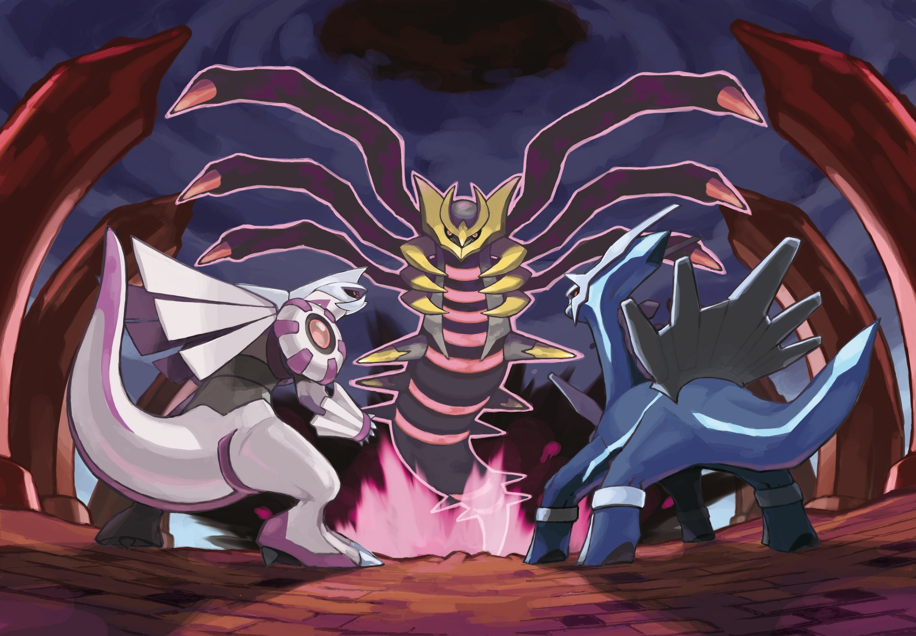 Giratina, Dialga, and Palkia in a dark landscape HD Wallpaper