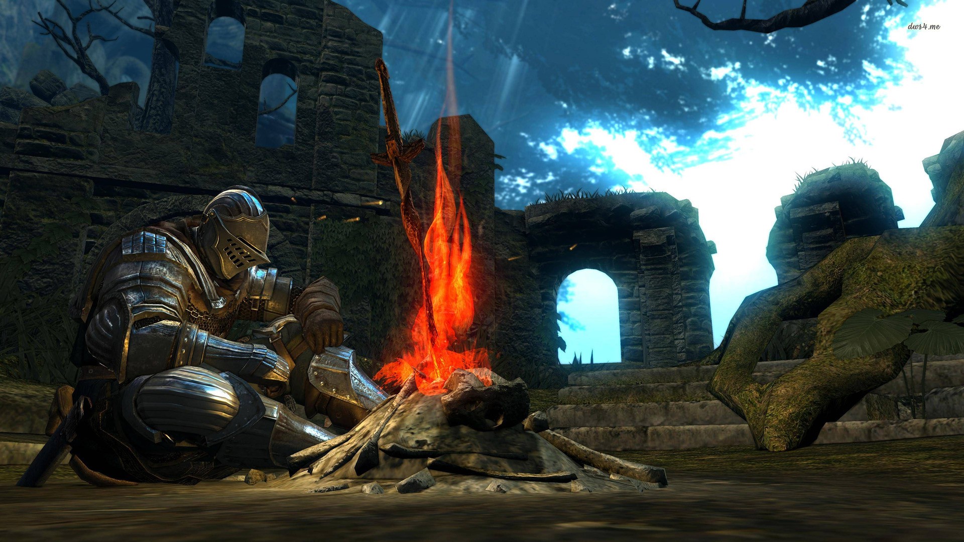 Dark Souls Knight by a Bonfire in Ruins HD Wallpaper