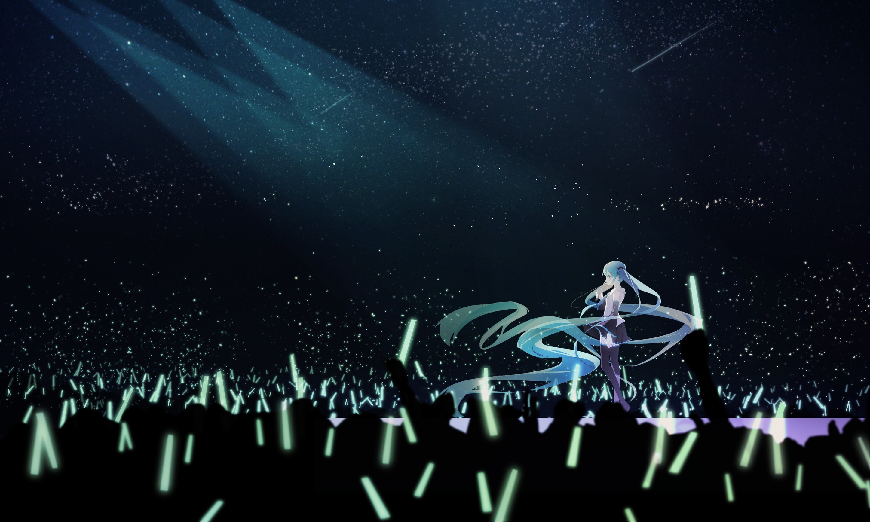 Hatsune Miku performs for a crowd holding glow sticks HD Wallpaper