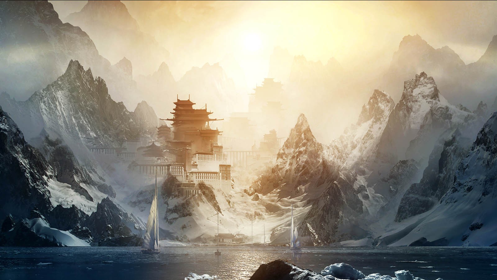 Fantasy landscape with snowy mountains and ancient architecture HD Wallpaper