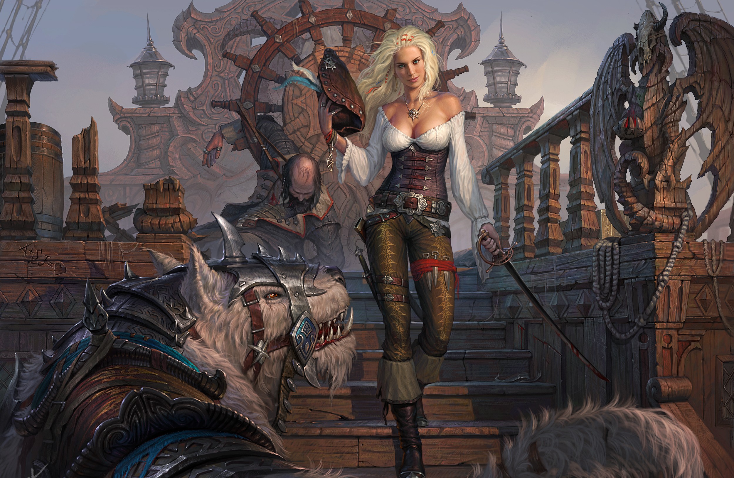 Pirate captain with a falcon and a wolf-like creature HD Wallpaper