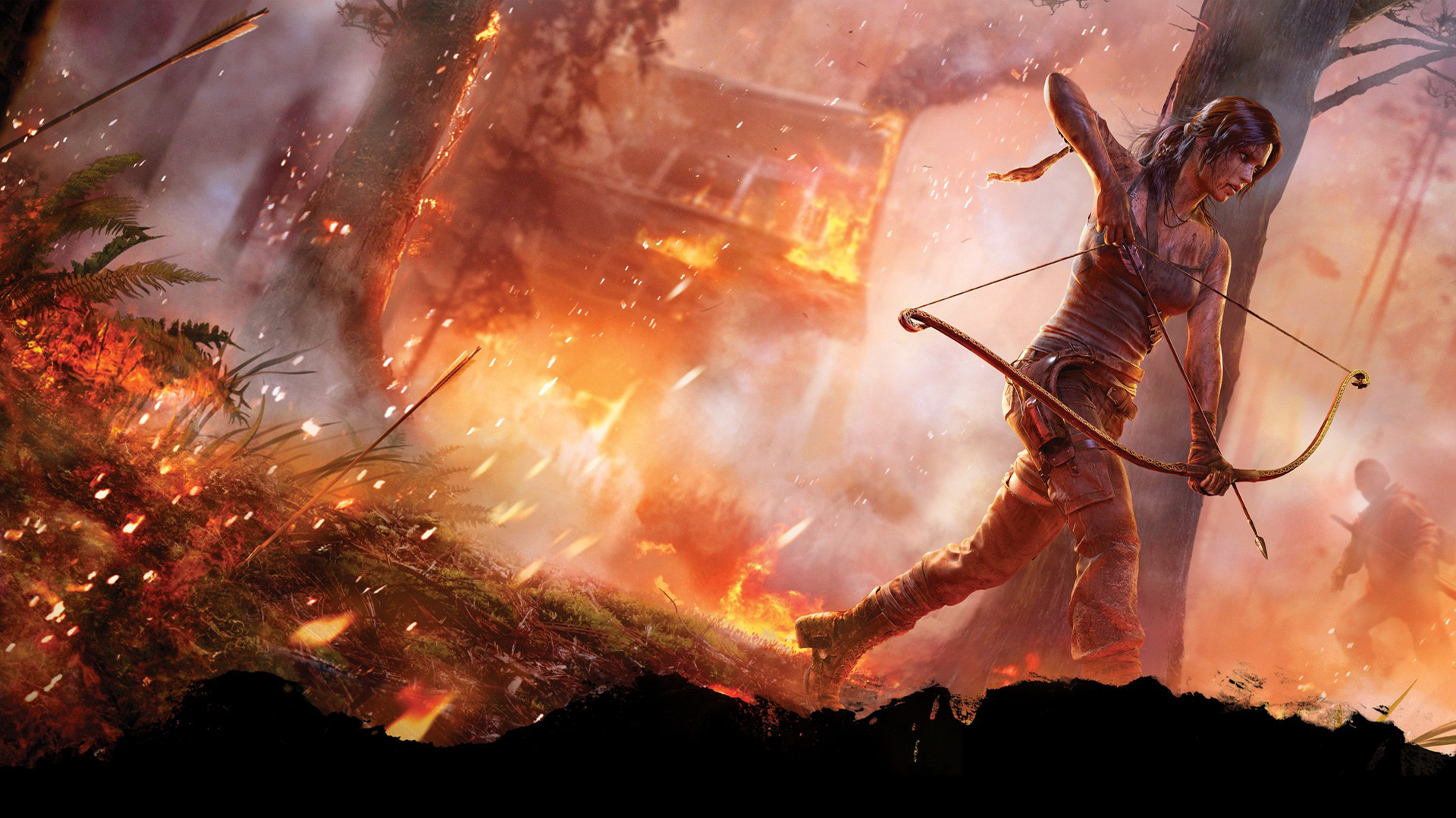Lara Croft in a burning forest with a bow HD Wallpaper