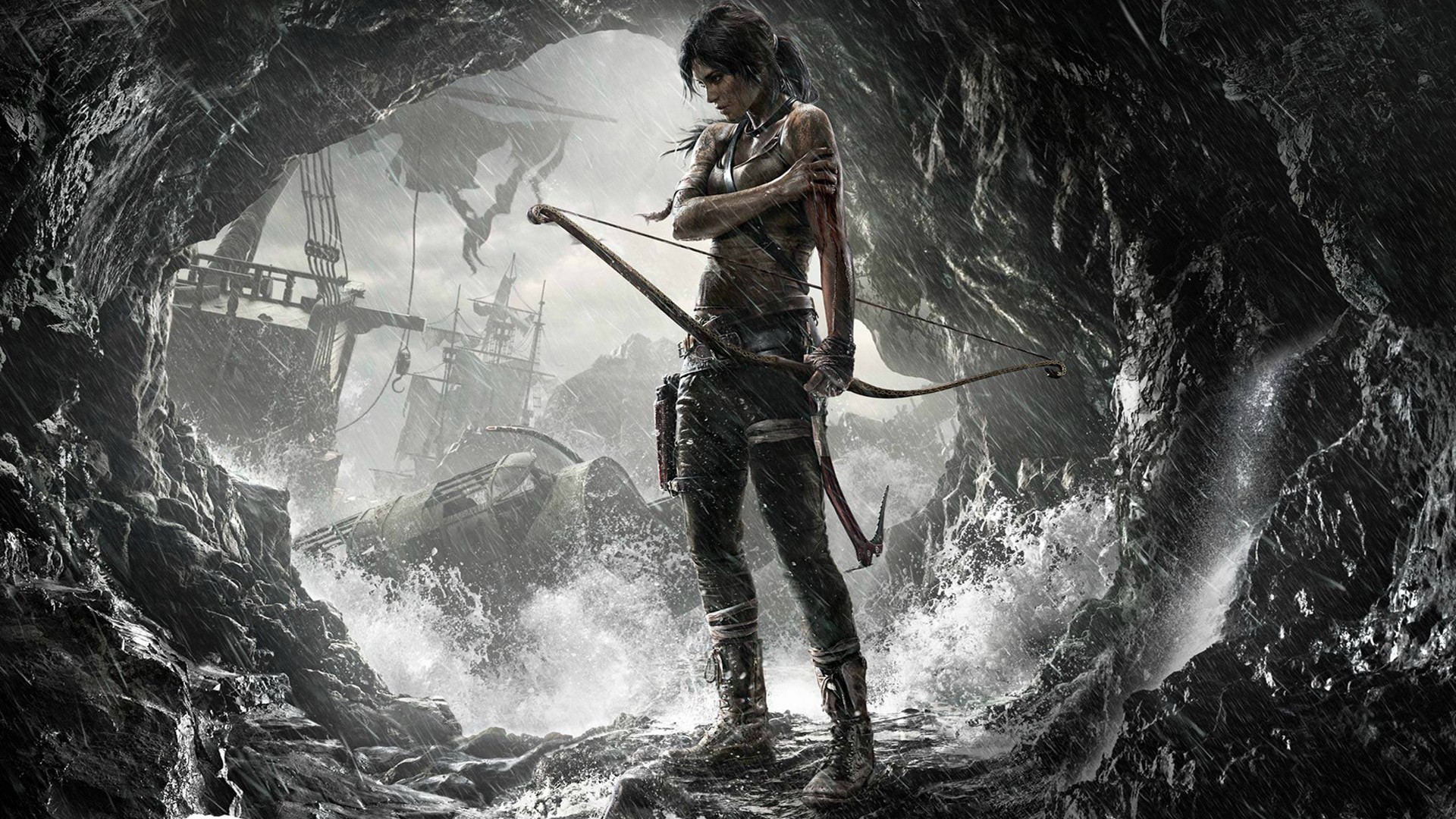 Lara Croft with Bow in a Cave HD Wallpaper